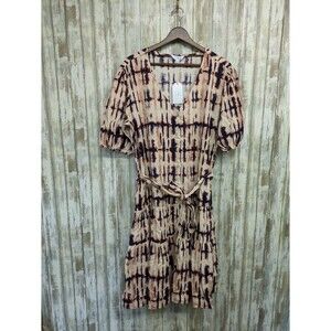 Time and Tru Linen Blend Cream Tie Dye Belted Dress Button Puff Sleeve Large NWT